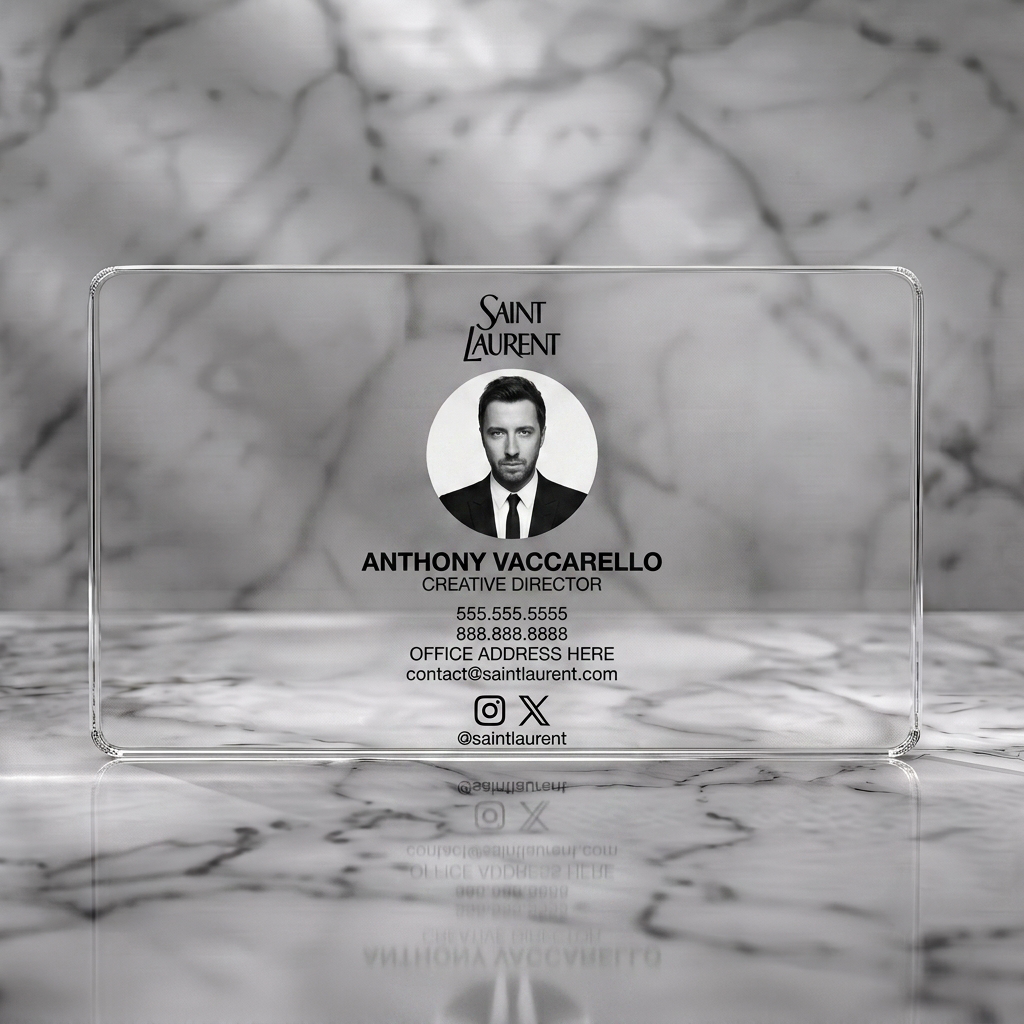 Clear plastic business card featuring minimalist design, bold black typography, classic Saint Laurent logo, circular portrait, social media icons