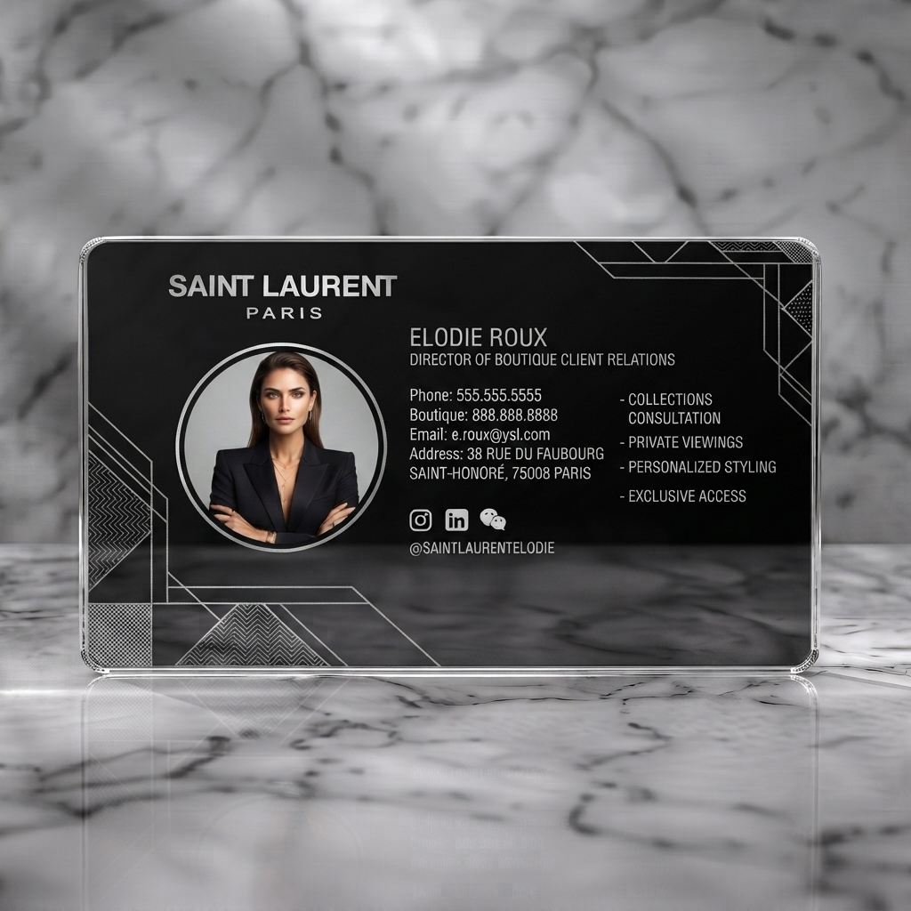 Clear plastic business card featuring luxurious black and silver design with Art Deco geometric patterns, modern sans-serif fonts, and social icons