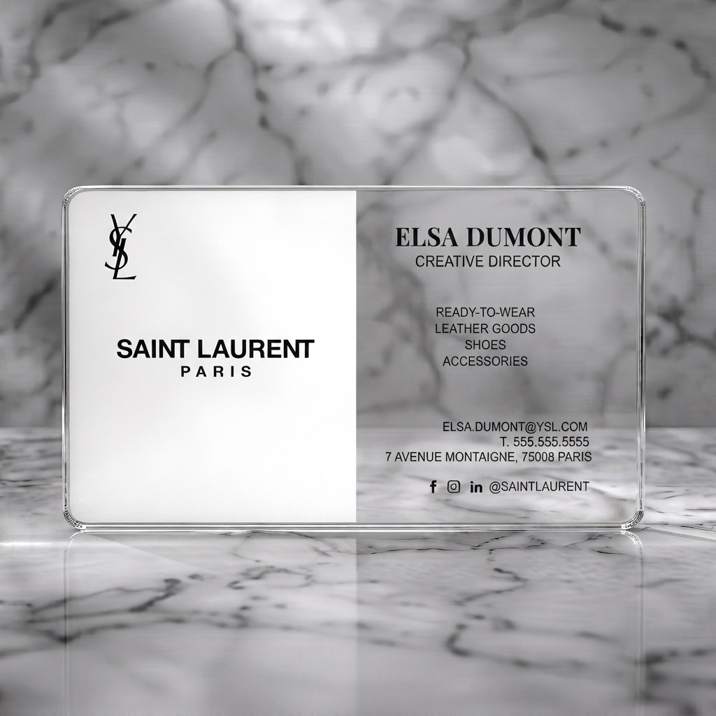 Clear plastic business card featuring a luxury two-tone design with iconic YSL logo, elegant typography, and minimalist social icons