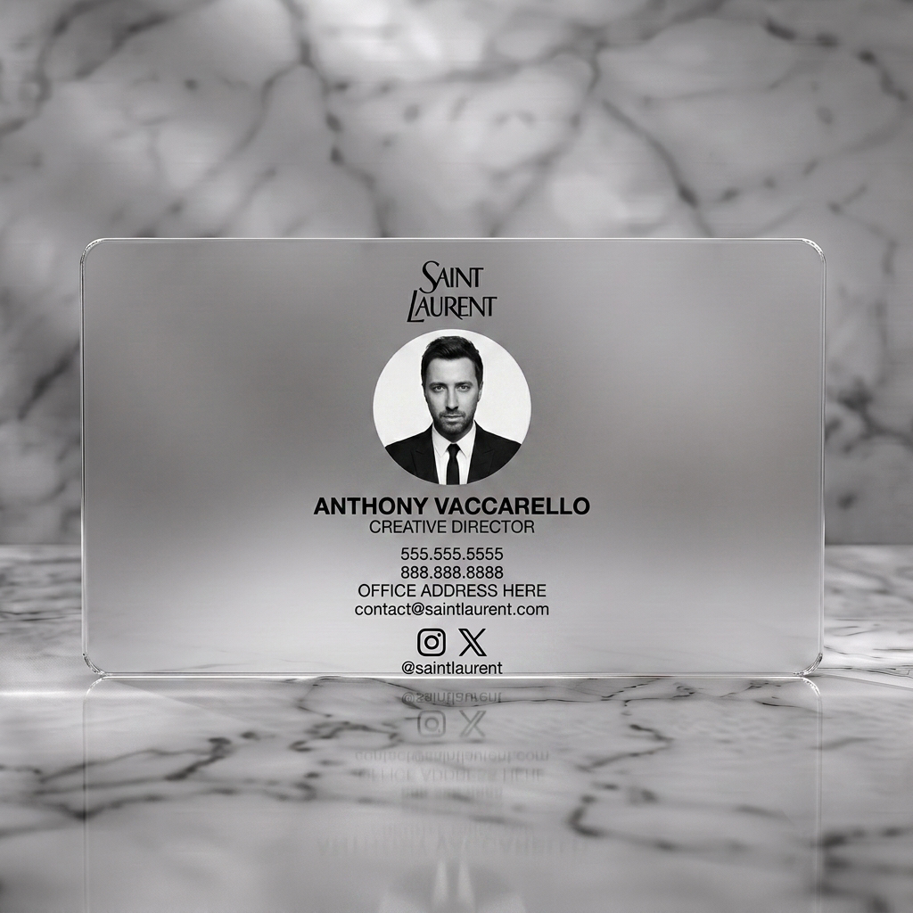Frosted translucent plastic business card featuring minimalist design, bold black typography, classic Saint Laurent logo, circular portrait, social media icons