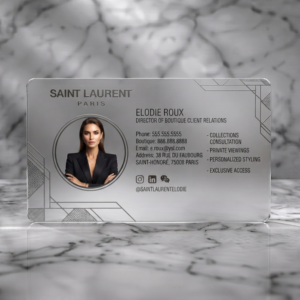 Frosted translucent plastic business card featuring luxurious black and silver design with Art Deco geometric patterns, modern sans-serif fonts, and social icons
