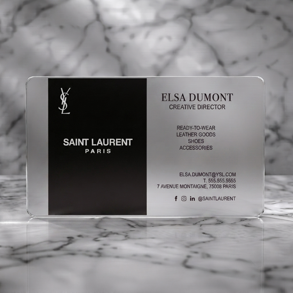 Frosted translucent plastic business card featuring a luxury two-tone design with iconic YSL logo, elegant typography, and minimalist social icons