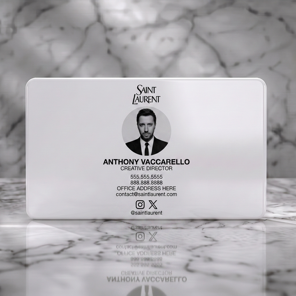 Solid white PVC business card featuring minimalist design, bold black typography, classic Saint Laurent logo, circular portrait, social media icons