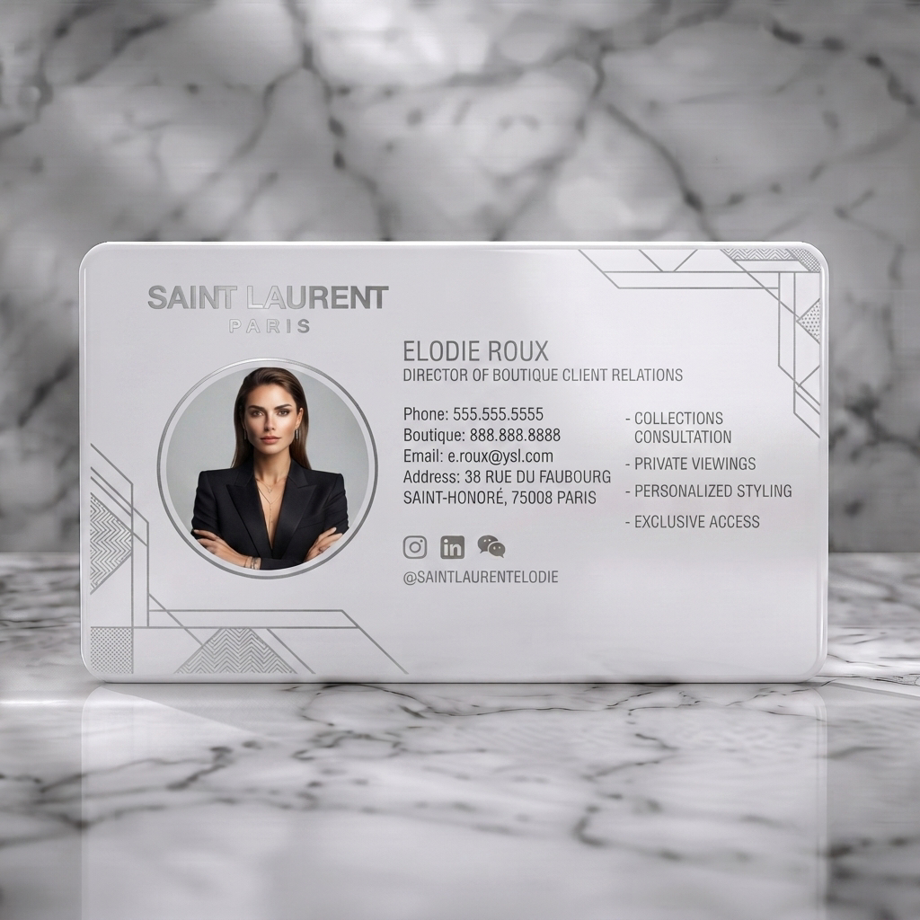 Solid white PVC business card featuring luxurious black and silver design with Art Deco geometric patterns, modern sans-serif fonts, and social icons