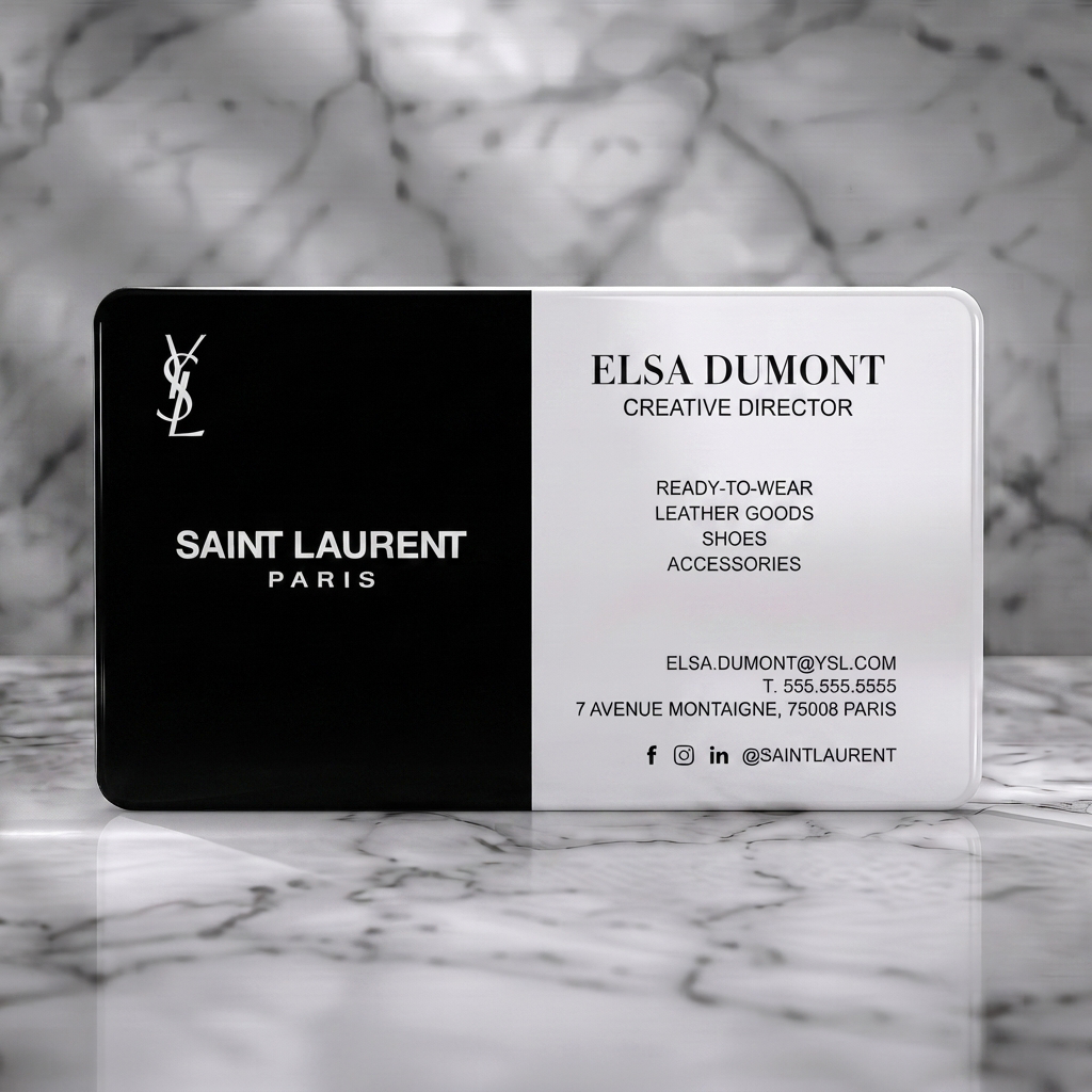 Solid white PVC business card featuring a luxury two-tone design with iconic YSL logo, elegant typography, and minimalist social icons