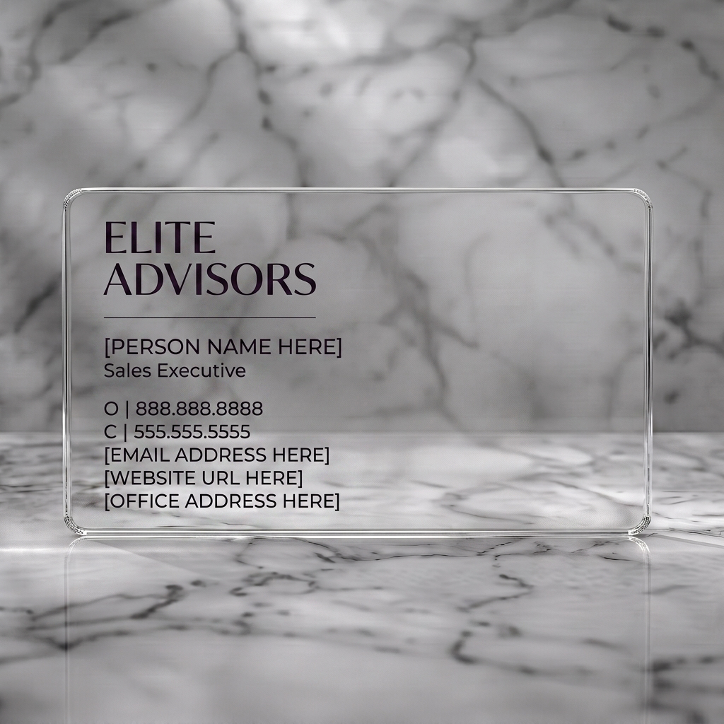 Clear plastic business card featuring minimalist layout, dark grey text, elegant serif logotype, clear sans-serif contact details