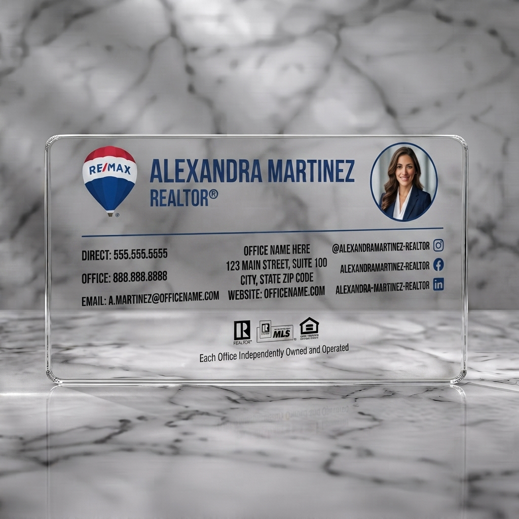 Clear plastic business card featuring a clean, professional design with an agent photo, blue and white branding, sans-serif text, and social icons