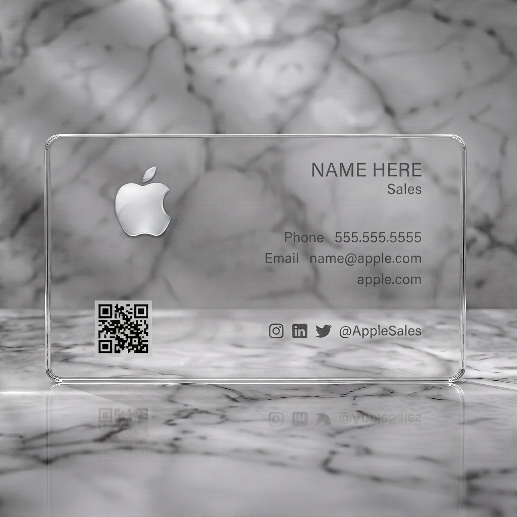Clear plastic business card featuring minimalist design, silver Apple logo, dark grey sans-serif text, social media icons, and QR code