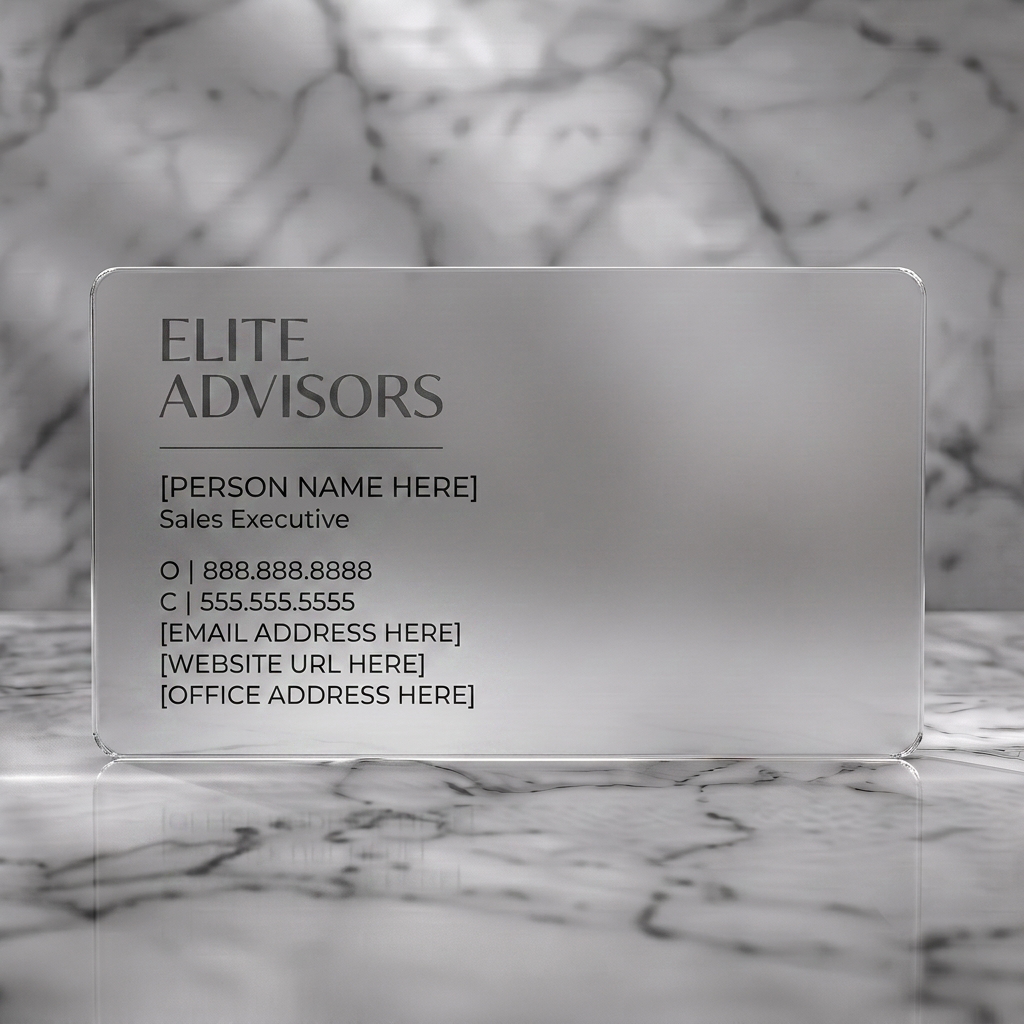 Frosted translucent plastic business card featuring minimalist layout, dark grey text, elegant serif logotype, clear sans-serif contact details