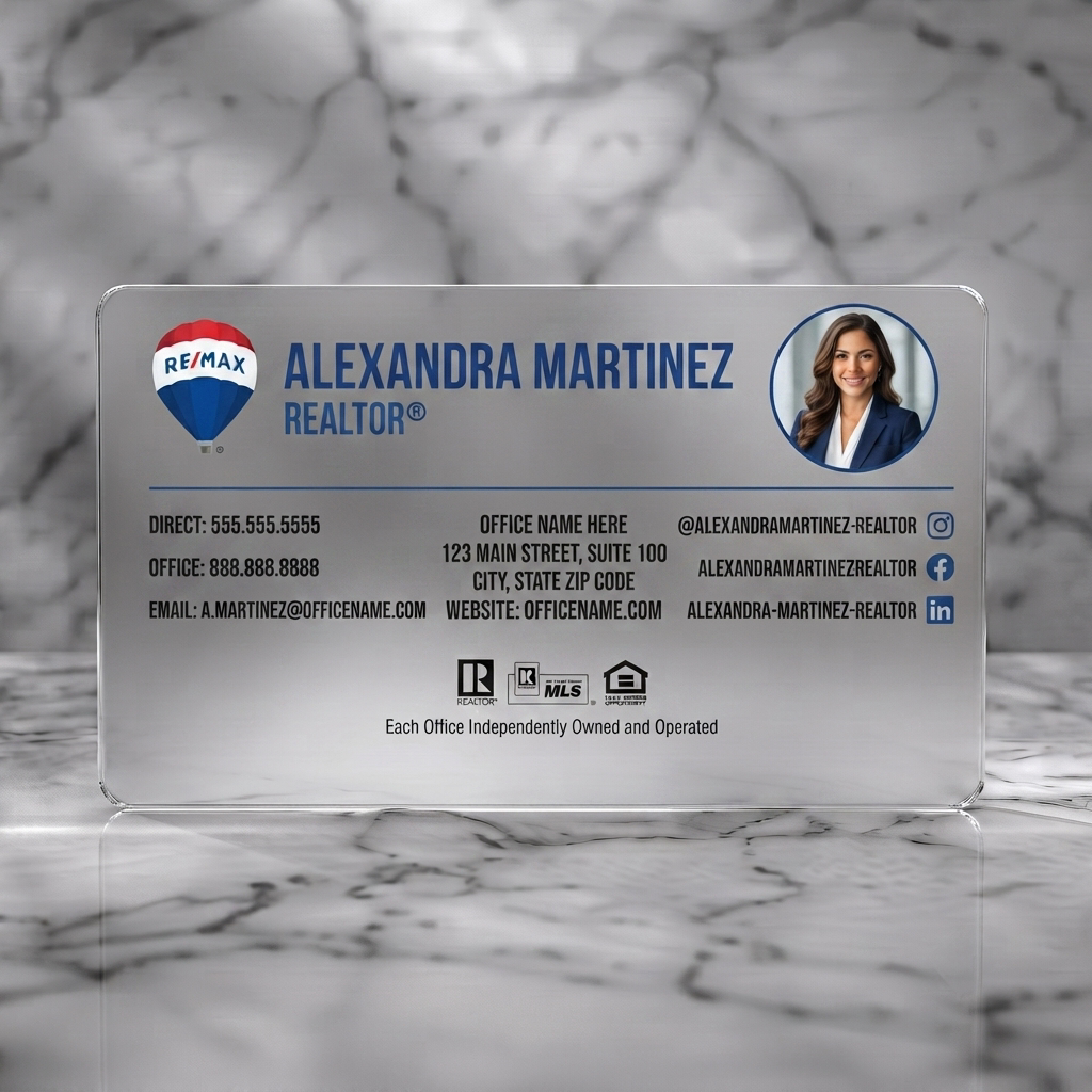 Frosted translucent plastic business card featuring a clean, professional design with an agent photo, blue and white branding, sans-serif text, and social icons