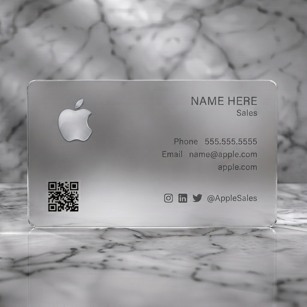 Frosted translucent plastic business card featuring minimalist design, silver Apple logo, dark grey sans-serif text, social media icons, and QR code