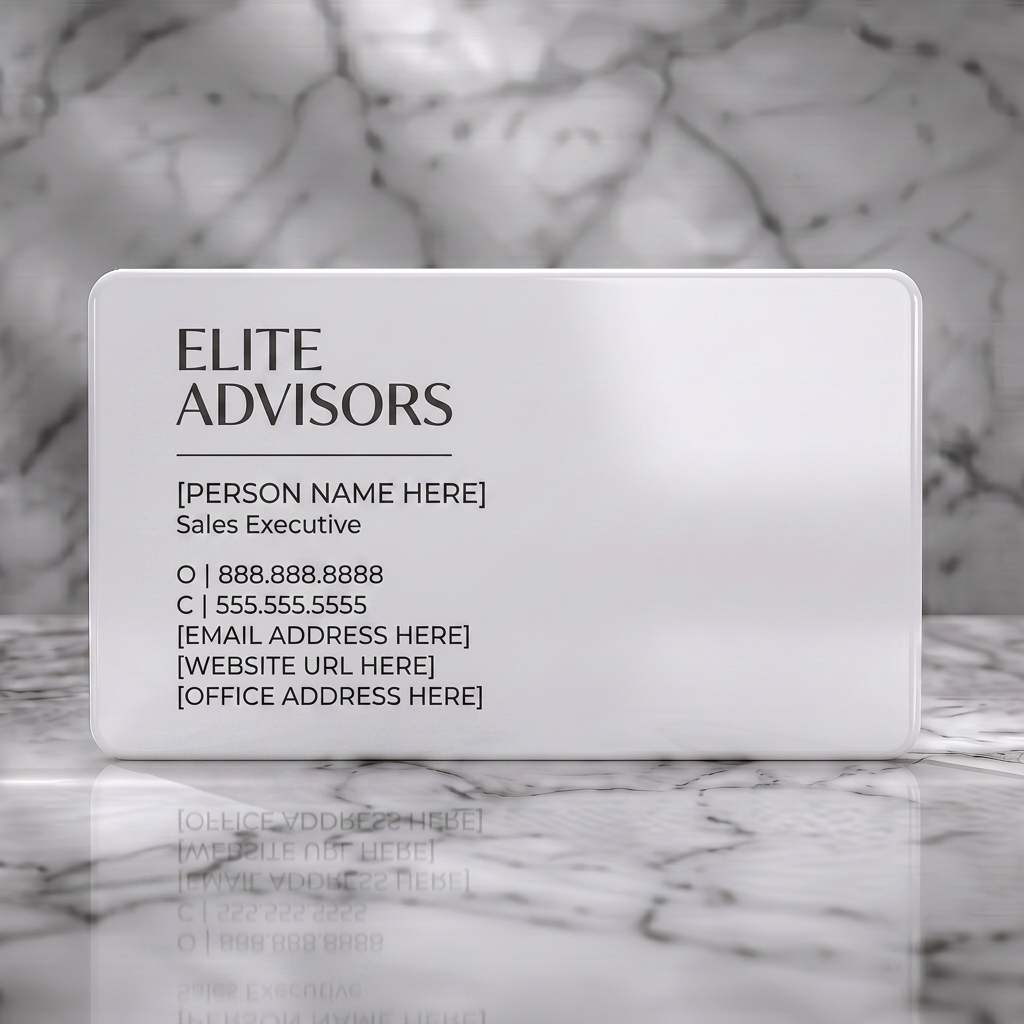 Solid white PVC business card featuring minimalist layout, dark grey text, elegant serif logotype, clear sans-serif contact details
