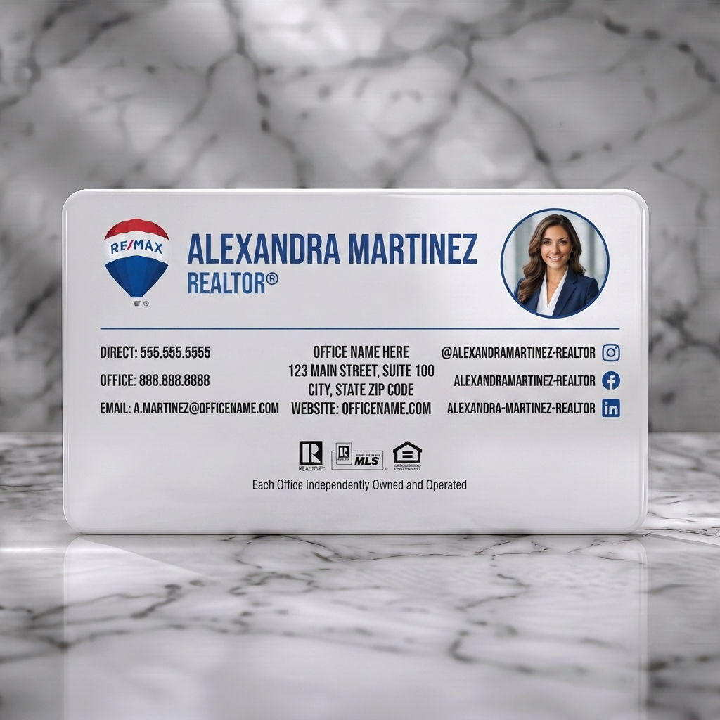 Solid white PVC business card featuring a clean, professional design with an agent photo, blue and white branding, sans-serif text, and social icons