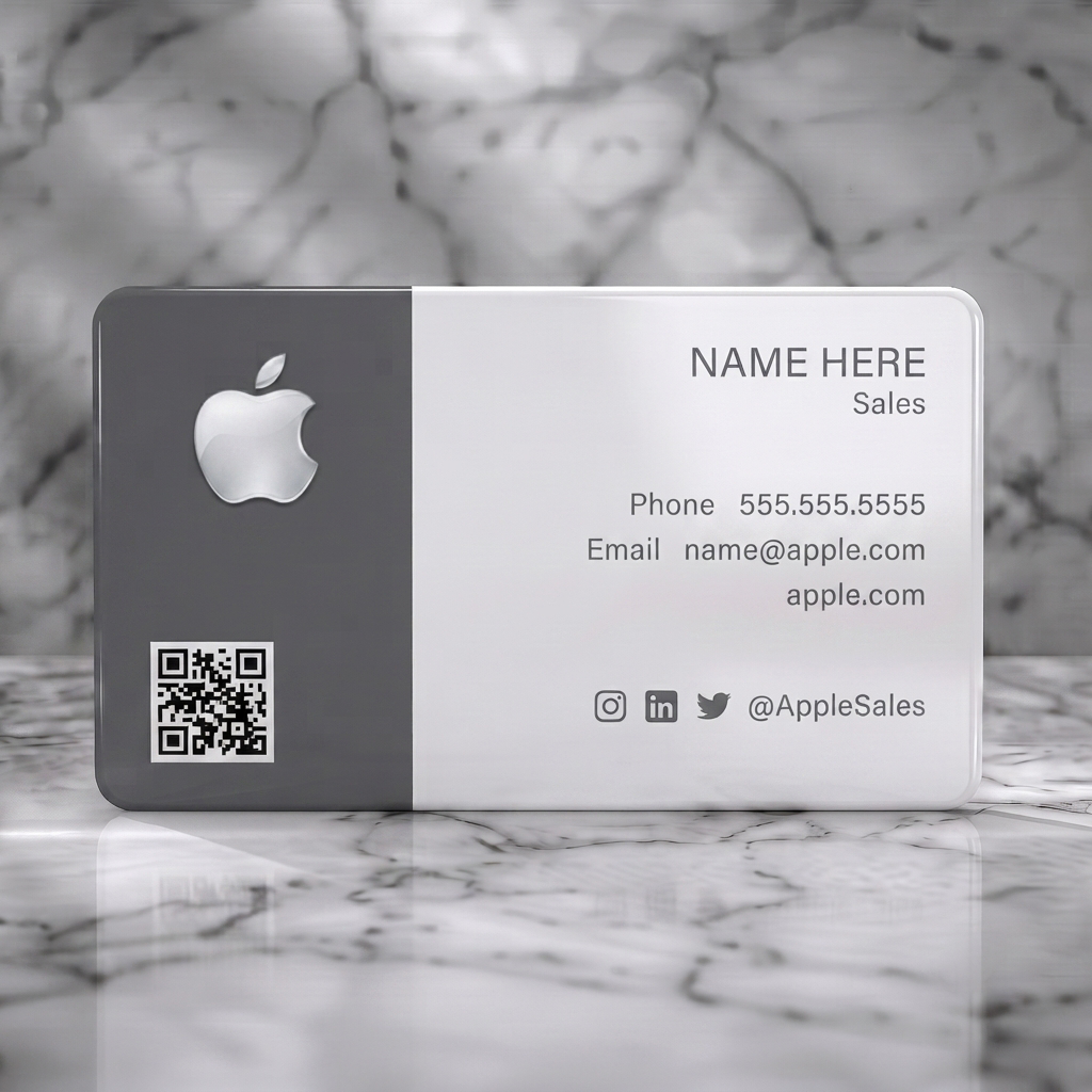 Solid white PVC business card featuring minimalist design, silver Apple logo, dark grey sans-serif text, social media icons, and QR code