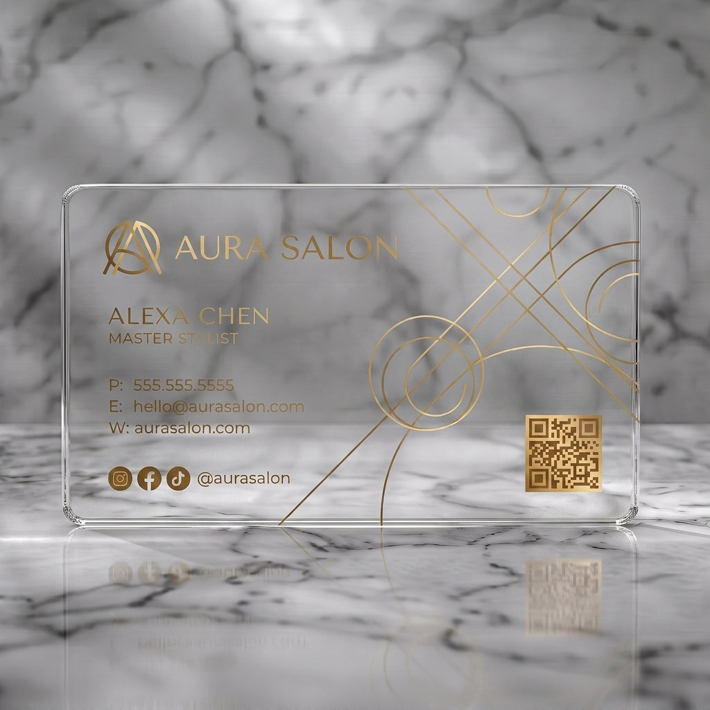 Clear plastic business card featuring modern geometric lines, elegant gold accents, clean sans-serif typography, and social icons