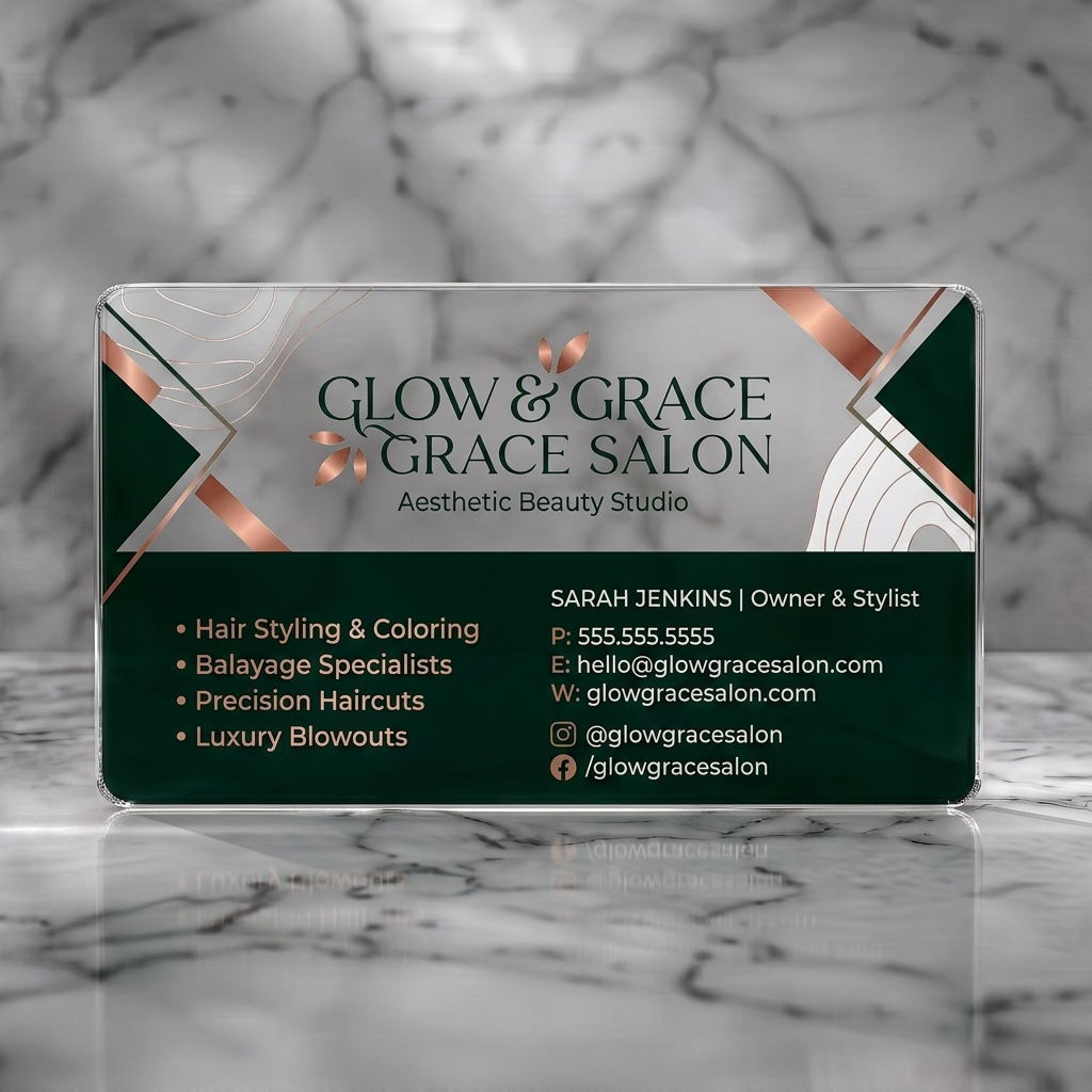 Clear plastic business card featuring elegant rose gold and teal design with modern typography and leaf motifs