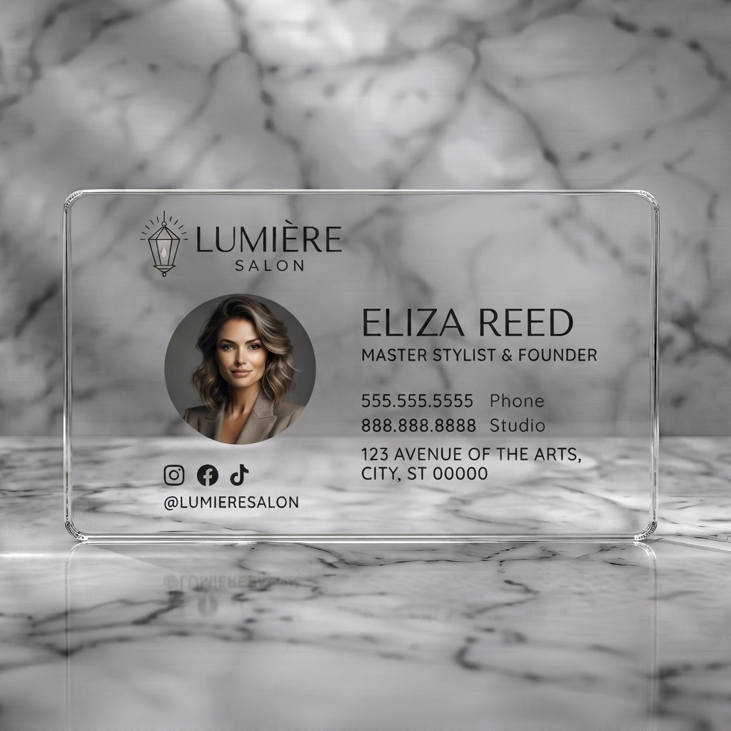 Clear plastic business card featuring elegant lantern logo, modern sans-serif typography in dark charcoal, professional headshot, and clean social media icons
