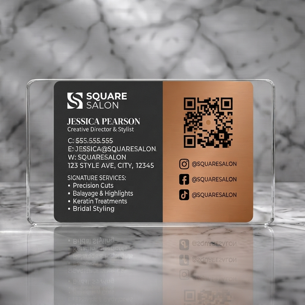 Clear plastic business card featuring sophisticated dark gray and copper layout, clean sans-serif typography, plus QR and social media icons