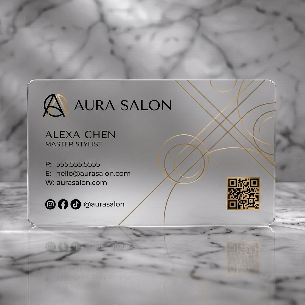 Frosted translucent plastic business card featuring modern geometric lines, elegant gold accents, clean sans-serif typography, and social icons