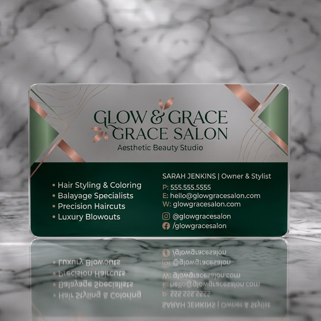 Frosted translucent plastic business card featuring elegant rose gold and teal design with modern typography and leaf motifs