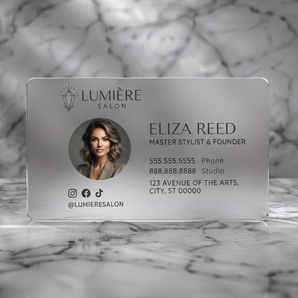 Frosted translucent plastic business card featuring elegant lantern logo, modern sans-serif typography in dark charcoal, professional headshot, and clean social media icons