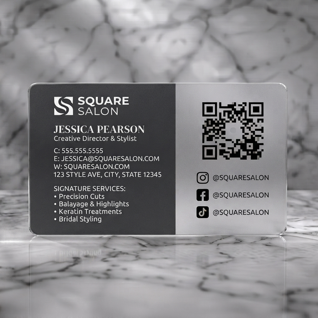 Frosted translucent plastic business card featuring sophisticated dark gray and copper layout, clean sans-serif typography, plus QR and social media icons