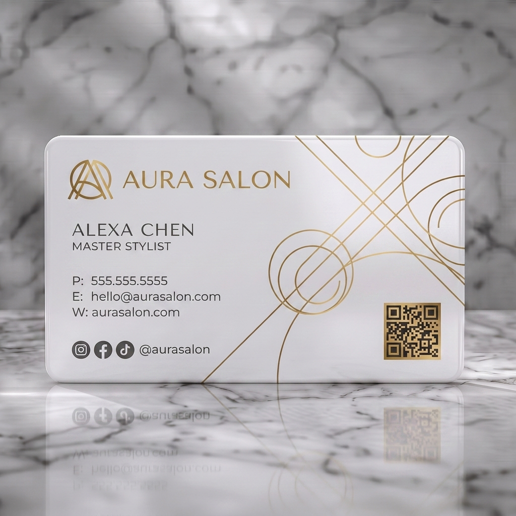 Solid white PVC business card featuring modern geometric lines, elegant gold accents, clean sans-serif typography, and social icons