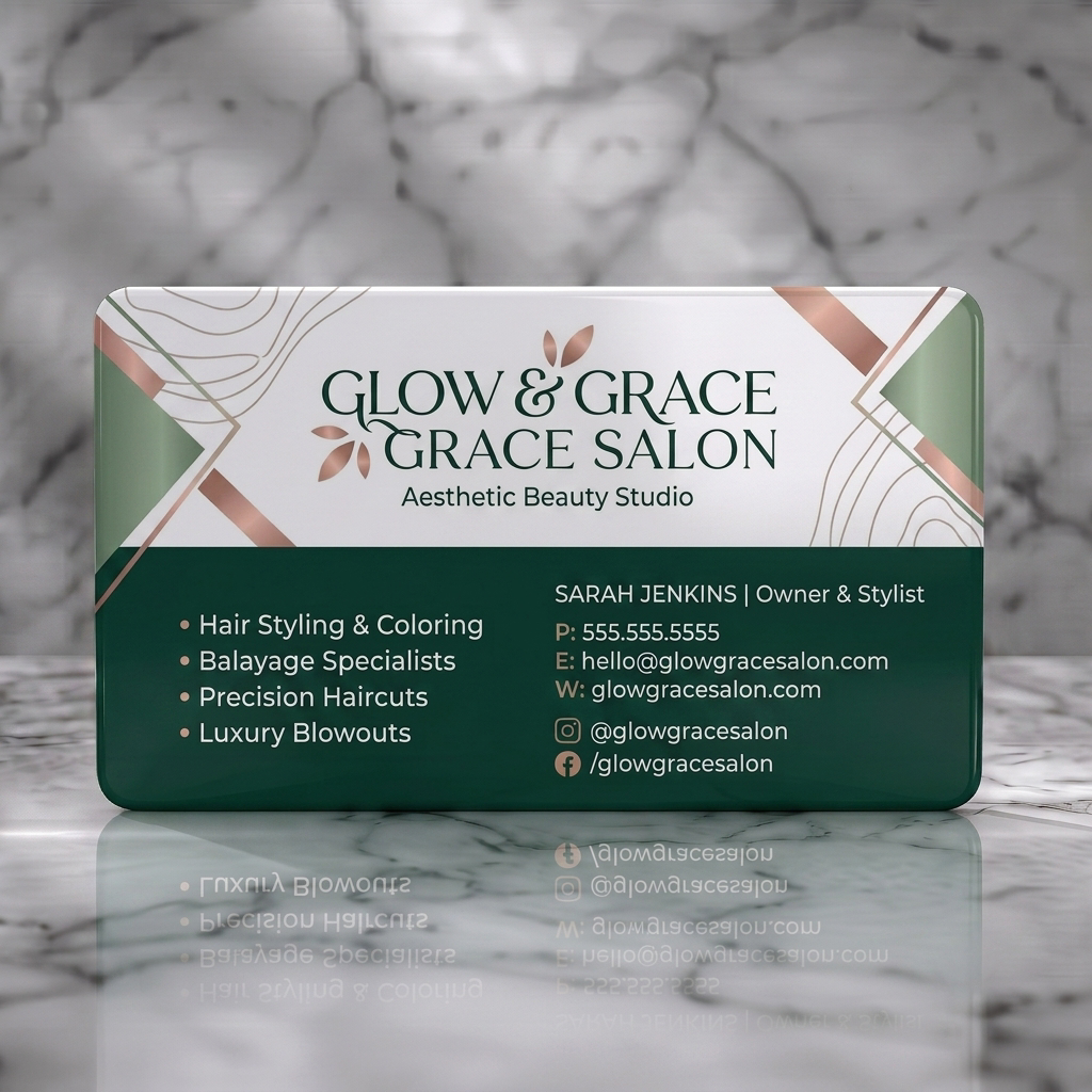 Solid white PVC business card featuring elegant rose gold and teal design with modern typography and leaf motifs