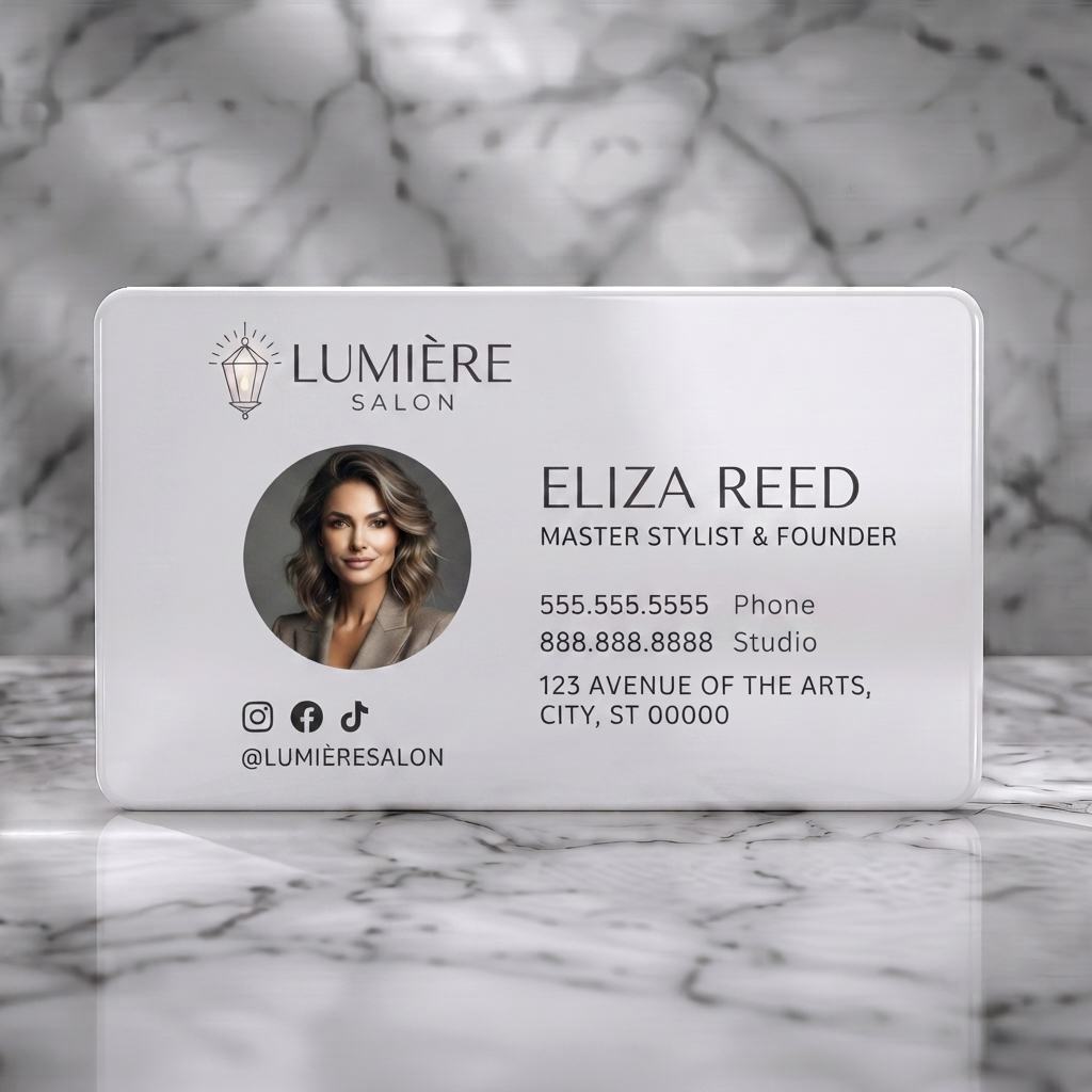 Solid white PVC business card featuring elegant lantern logo, modern sans-serif typography in dark charcoal, professional headshot, and clean social media icons