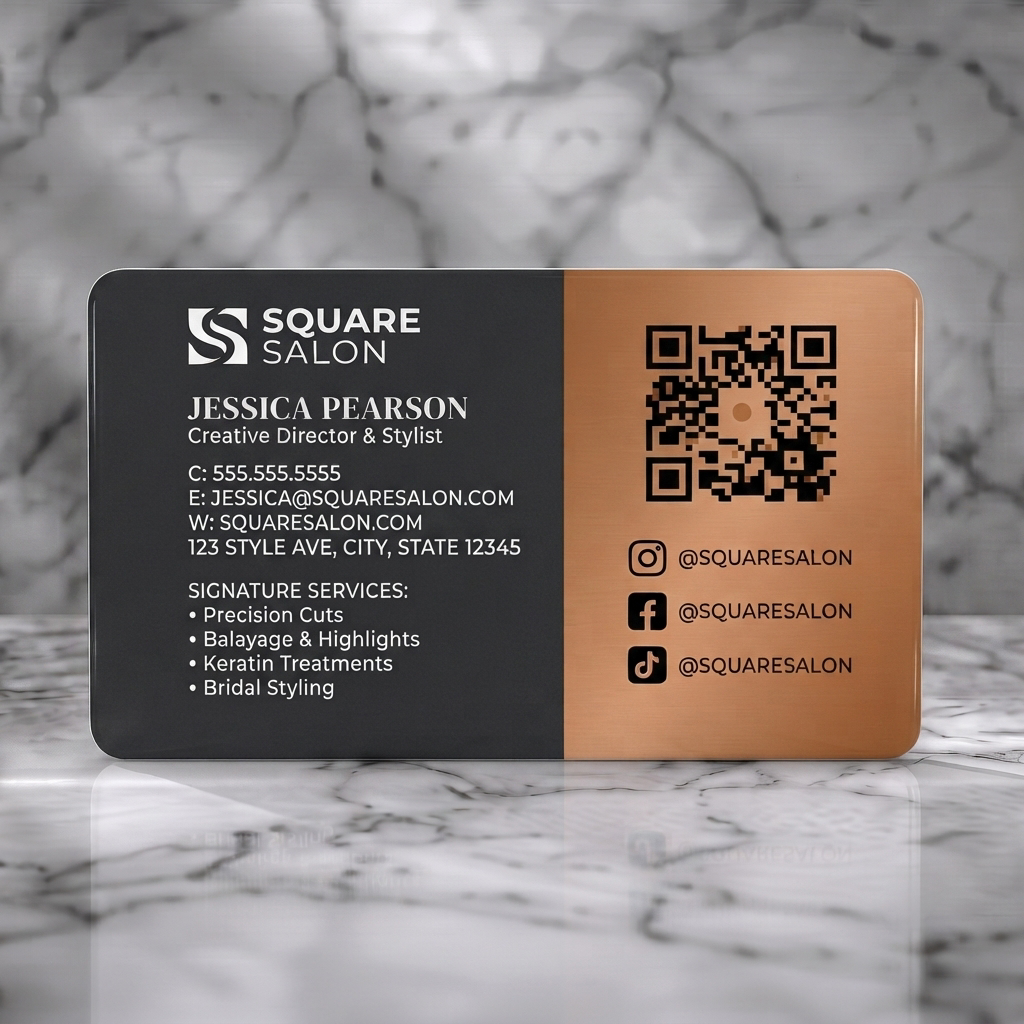 Solid white PVC business card featuring sophisticated dark gray and copper layout, clean sans-serif typography, plus QR and social media icons
