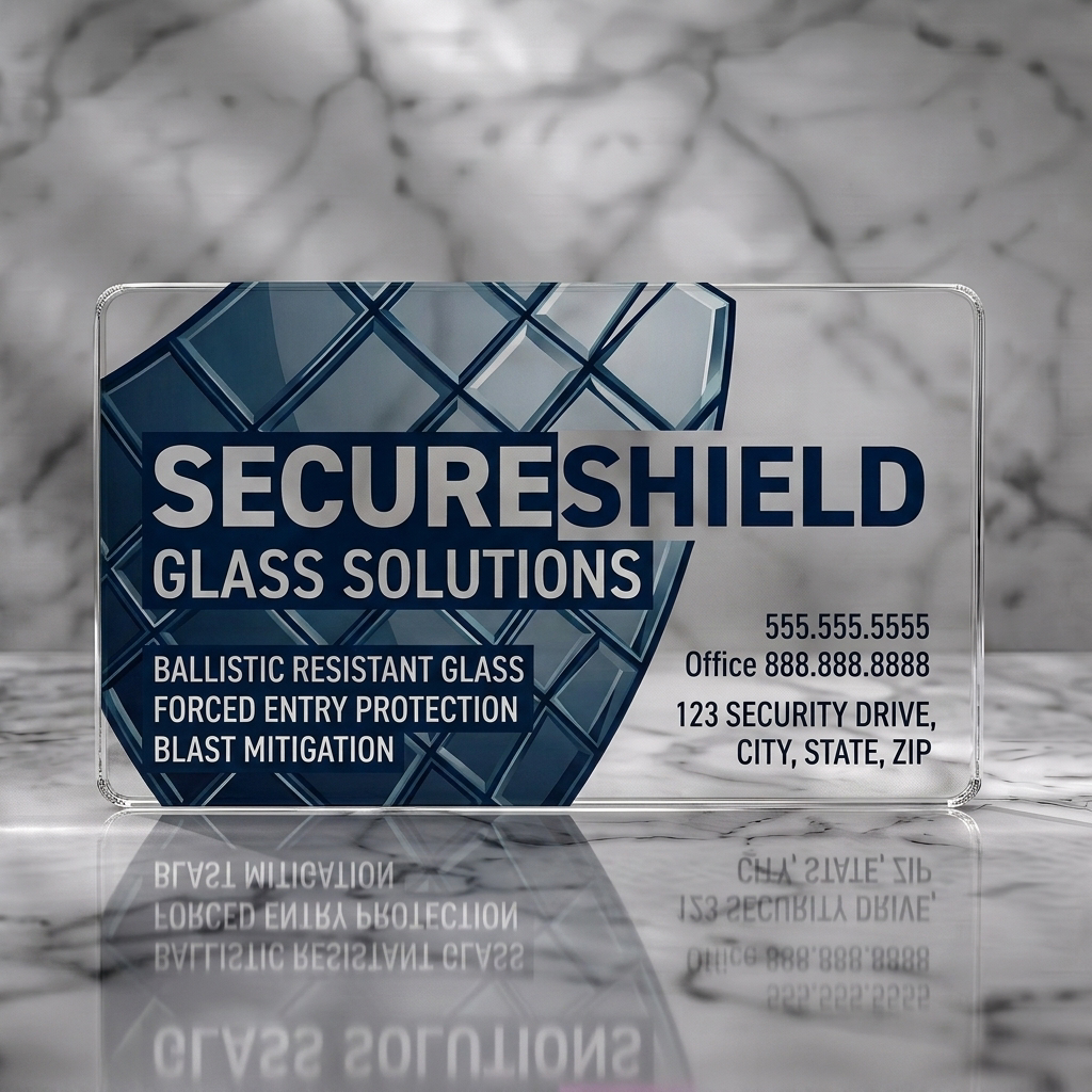 Clear plastic business card featuring modern shield graphic, bold white and dark blue typography, sharp angles