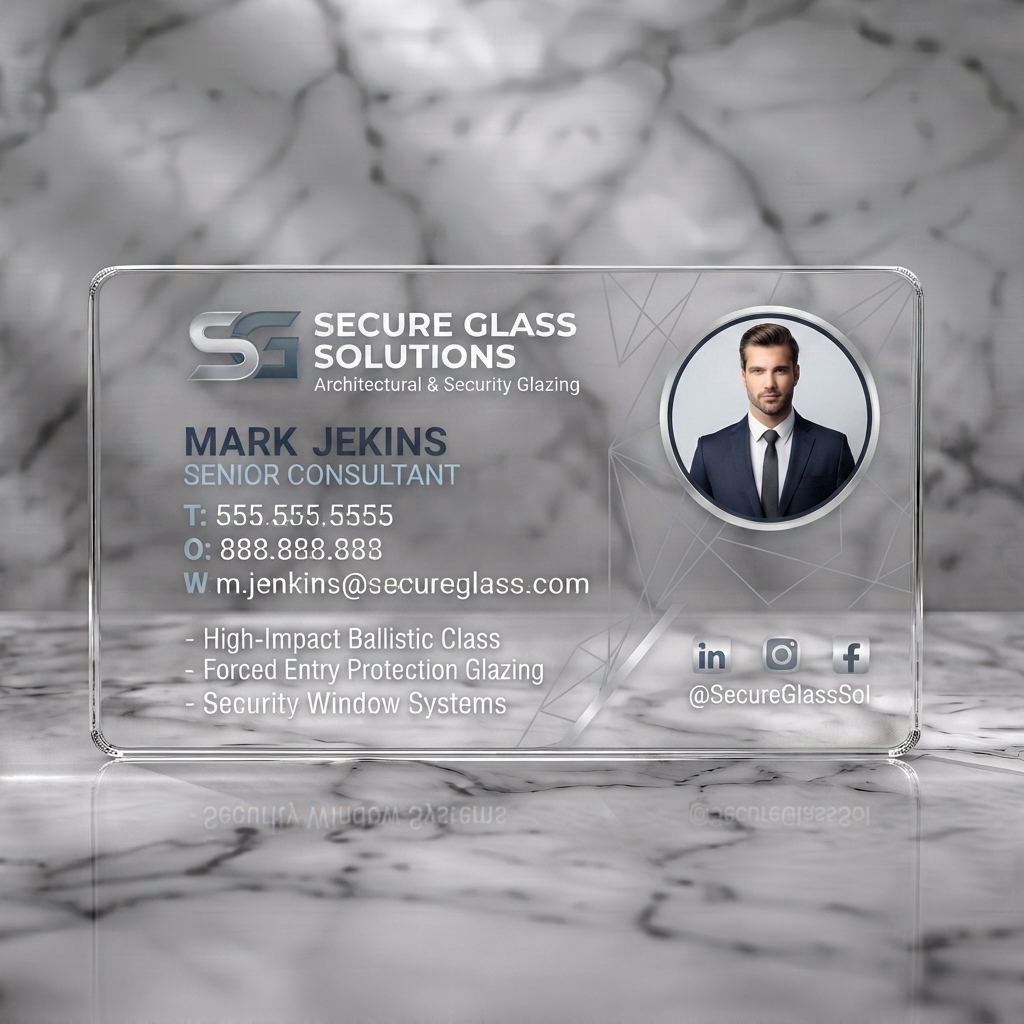 Clear plastic business card featuring dark grey, geometric design with metallic logo, professional photo, sans-serif typography, and social icons