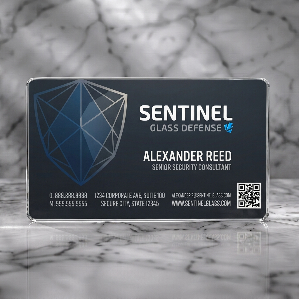 Clear plastic business card featuring professional dark-themed design, geometric shield logo, clean sans-serif typography, and subtle blue accents