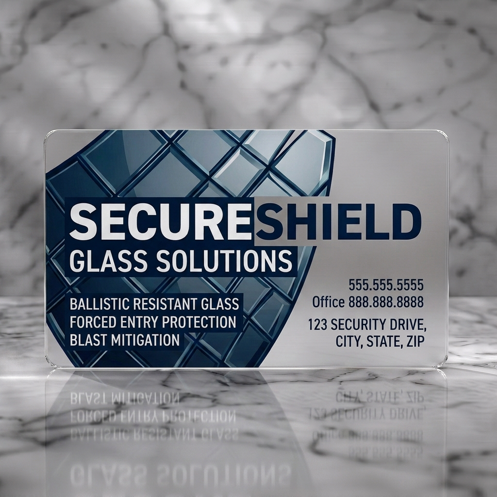 Frosted translucent plastic business card featuring modern shield graphic, bold white and dark blue typography, sharp angles