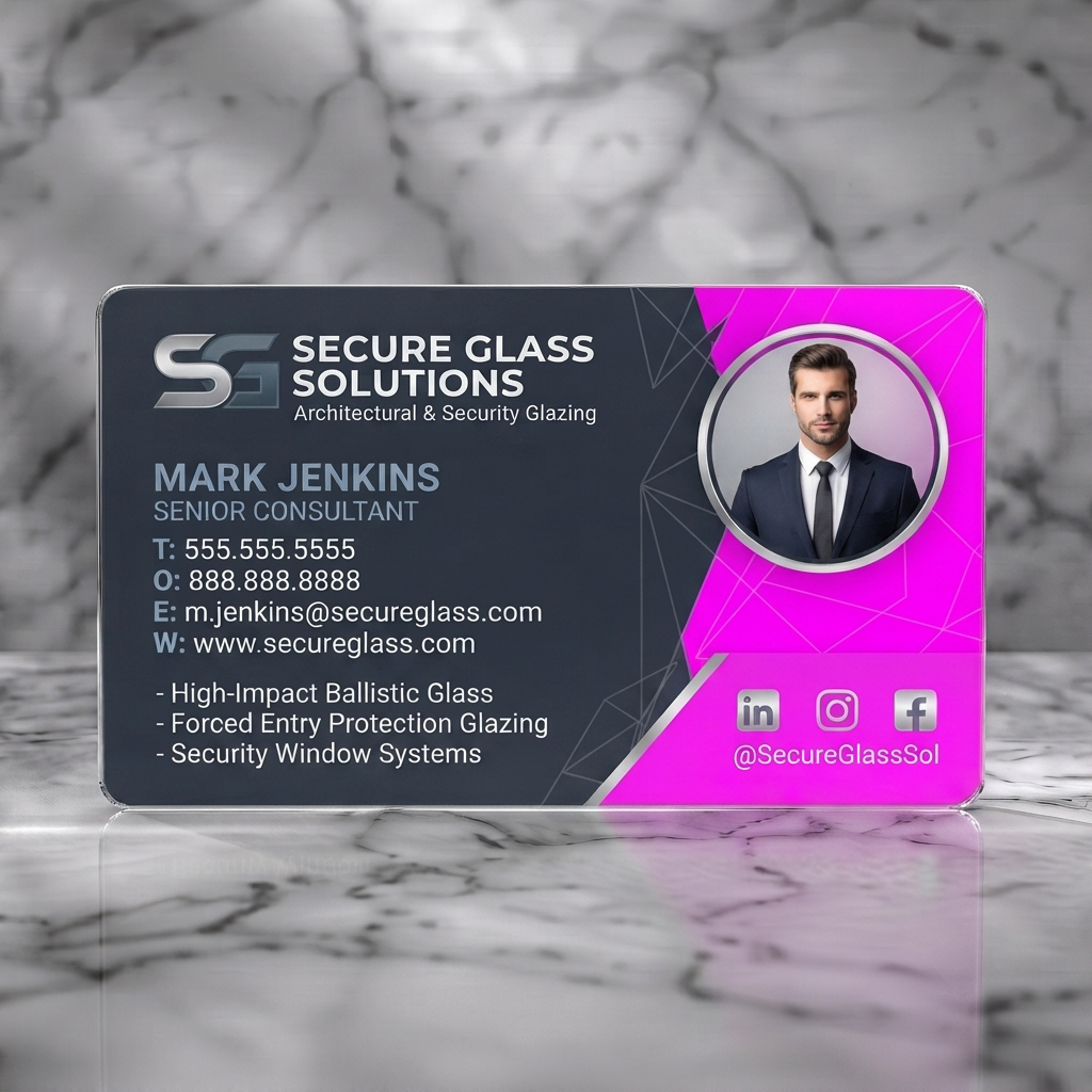 Frosted translucent plastic business card featuring dark grey, geometric design with metallic logo, professional photo, sans-serif typography, and social icons