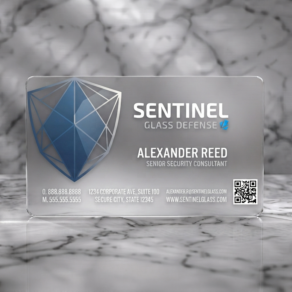 Frosted translucent plastic business card featuring professional dark-themed design, geometric shield logo, clean sans-serif typography, and subtle blue accents