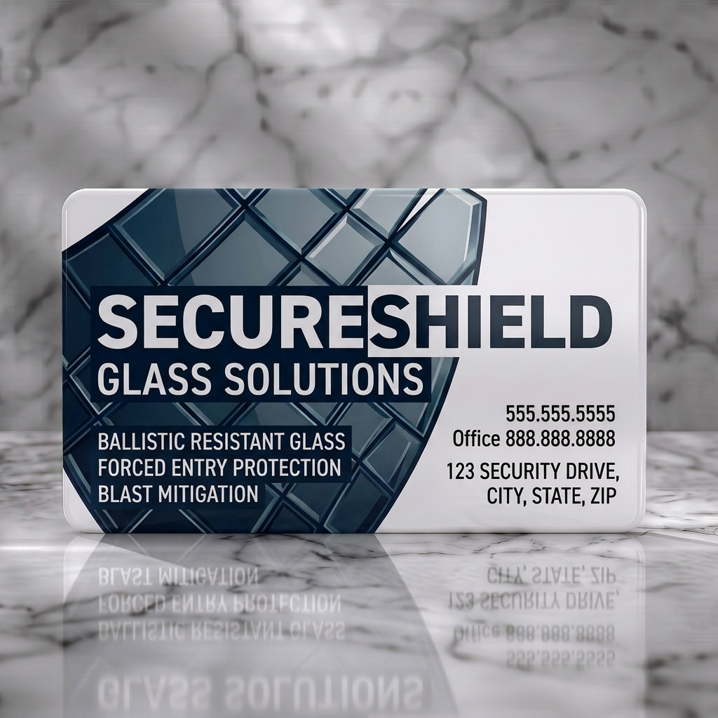 Solid white PVC business card featuring modern shield graphic, bold white and dark blue typography, sharp angles