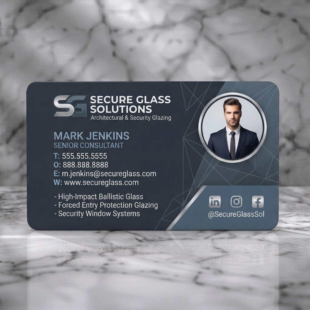 Solid white PVC business card featuring dark grey, geometric design with metallic logo, professional photo, sans-serif typography, and social icons