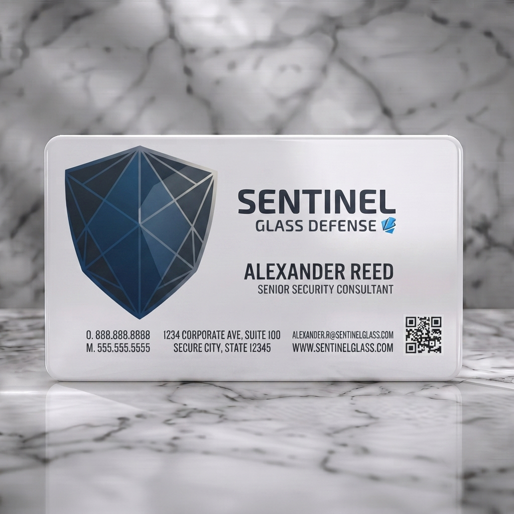 Solid white PVC business card featuring professional dark-themed design, geometric shield logo, clean sans-serif typography, and subtle blue accents