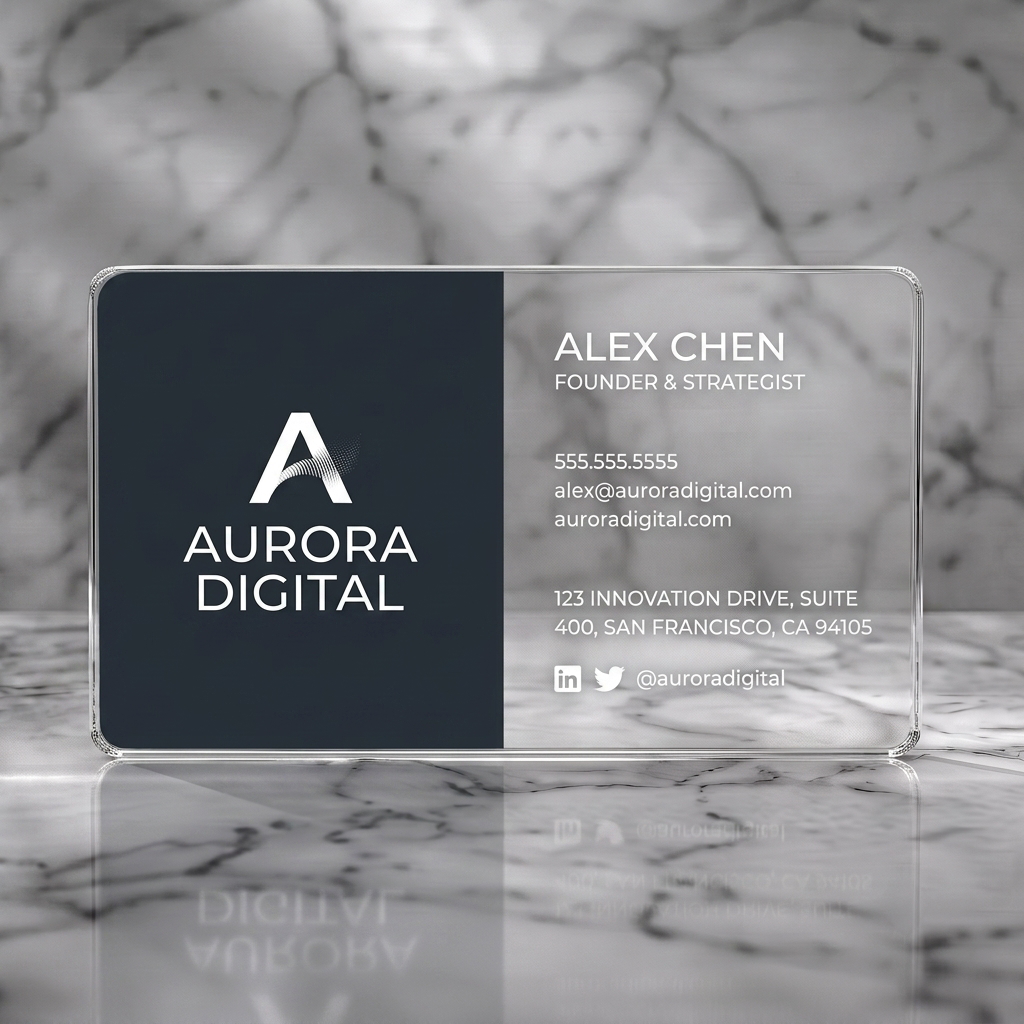 Clear plastic business card featuring modern two-panel layout, dark grey and vibrant pink, clean sans-serif typography, and social icons