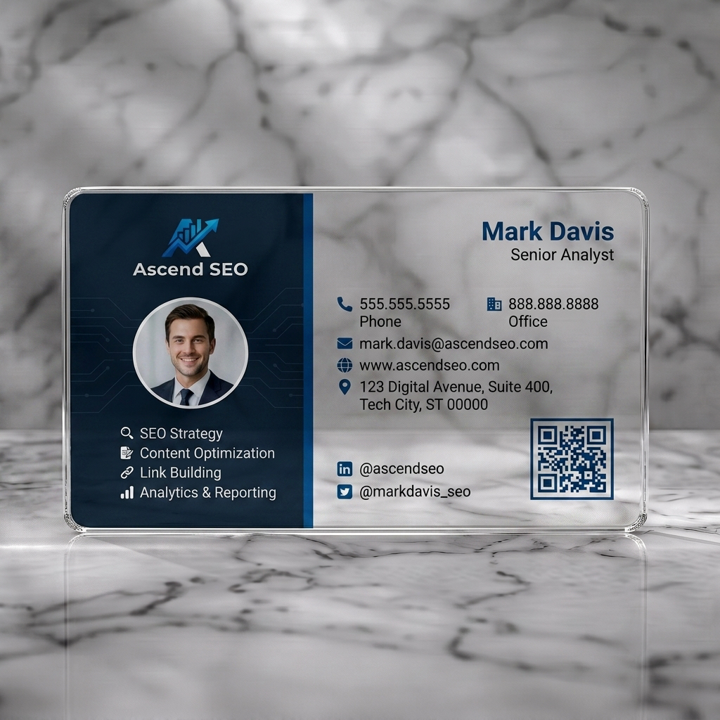 Clear plastic business card featuring a modern, two-tone design in dark and light blue, clean sans-serif typography, and clear icons for SEO services