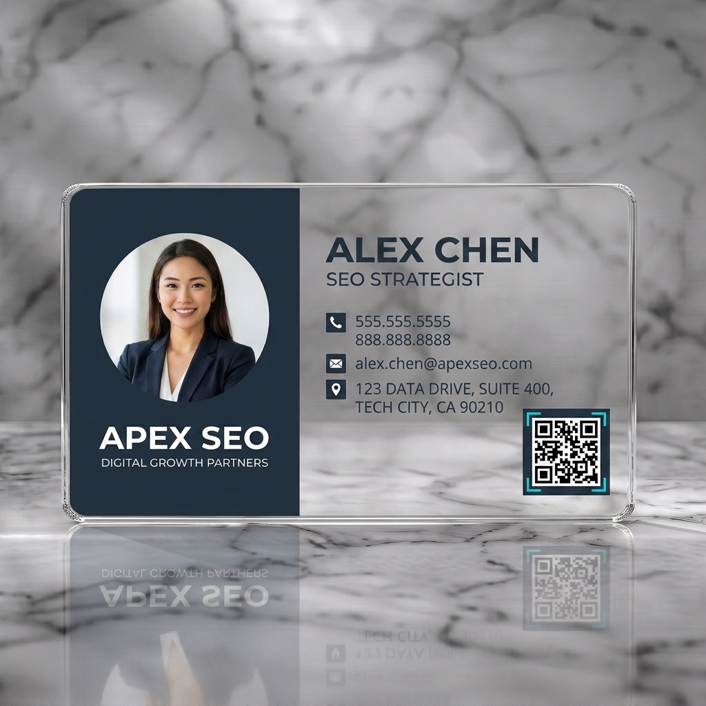 Clear plastic business card featuring a clean, professional layout with dark blue-grey and white, modern sans-serif fonts, and minimalist icons