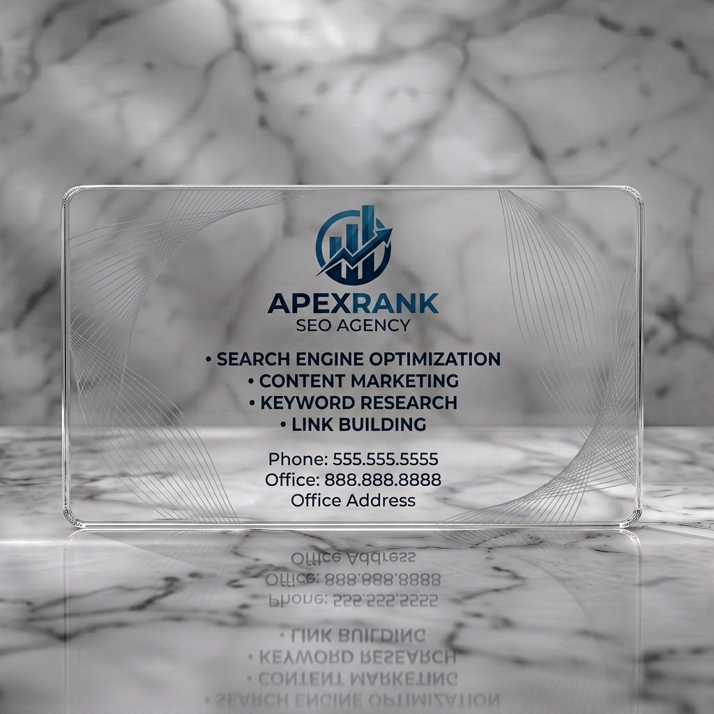 Clear plastic business card featuring modern blue & white design, growth chart icon, clean sans-serif text, abstract lines