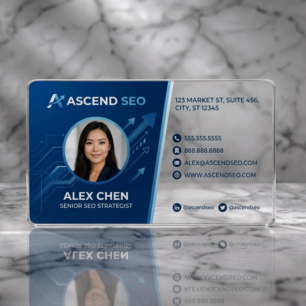 Clear plastic business card featuring a sleek blue and white design with ascending arrows, sans-serif typography, and essential contact icons