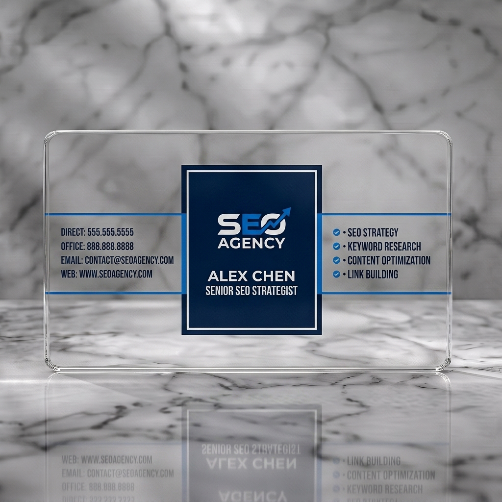 Clear plastic business card featuring modern style, dark blue & white branding, bold sans-serif typography, SEO growth logo, checklist icons