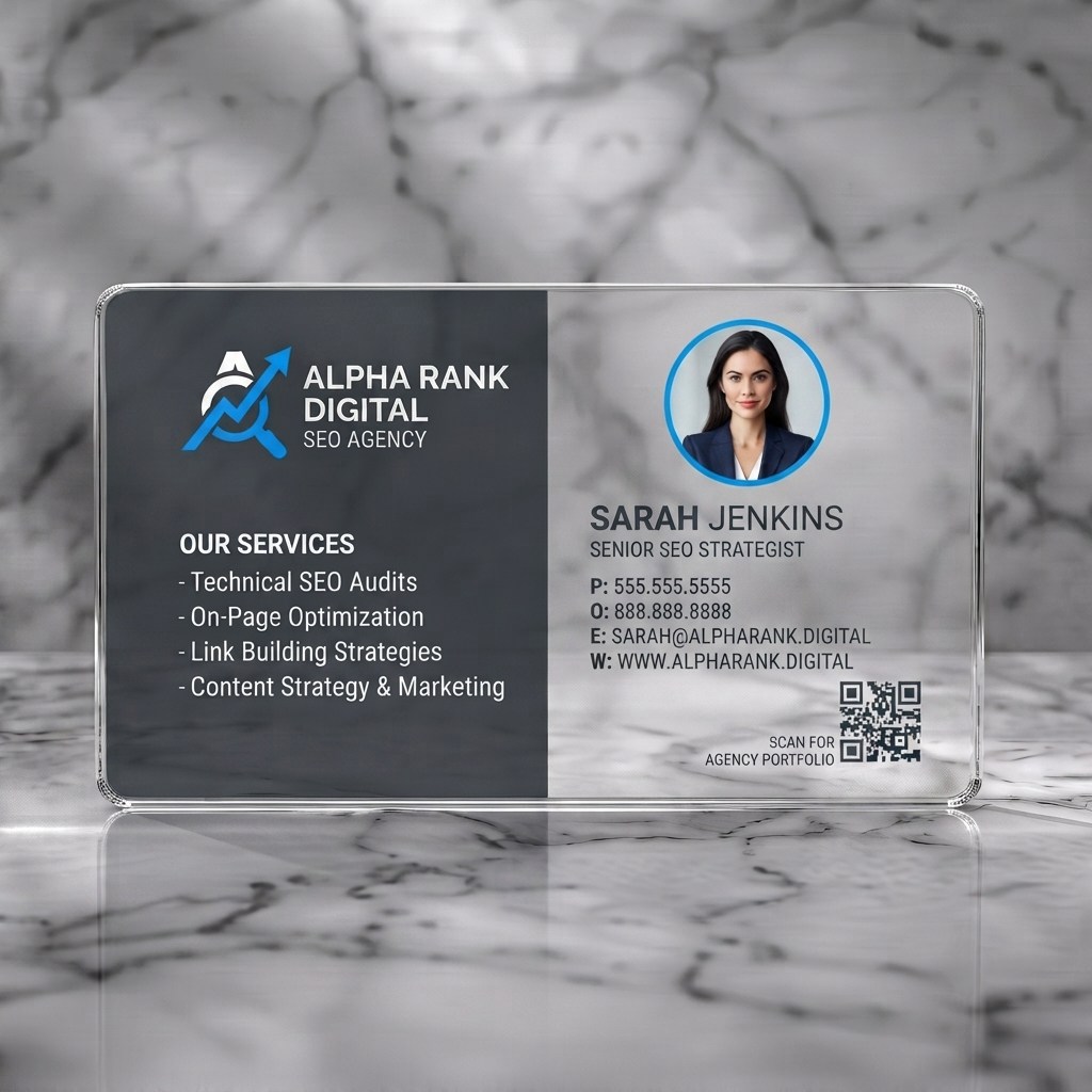 Clear plastic business card featuring a professional blue and dark grey layout, SEO logo, clean typography, photo, and QR code