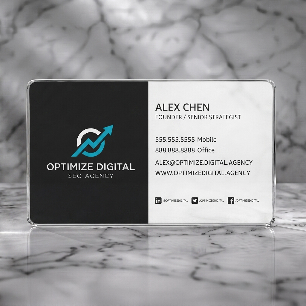 Clear plastic business card featuring a modern split-panel design, teal growth logo, crisp sans-serif text, and social media icons