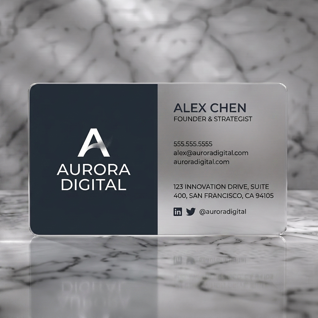Frosted translucent plastic business card featuring modern two-panel layout, dark grey and vibrant pink, clean sans-serif typography, and social icons