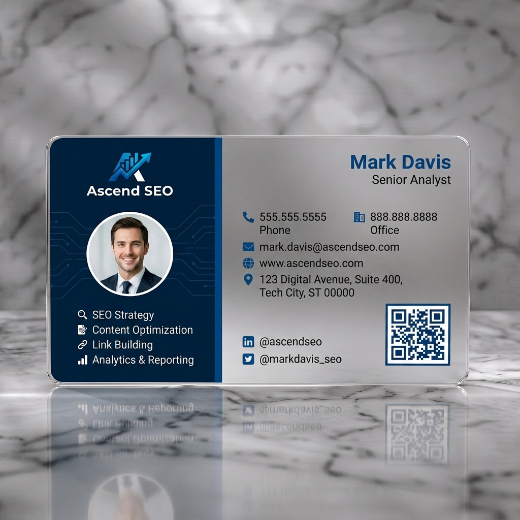 Frosted translucent plastic business card featuring a modern, two-tone design in dark and light blue, clean sans-serif typography, and clear icons for SEO services