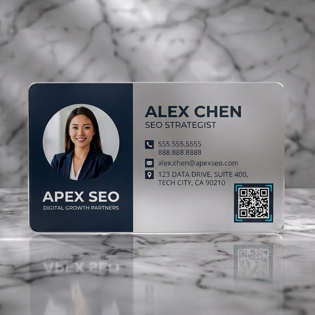Frosted translucent plastic business card featuring a clean, professional layout with dark blue-grey and white, modern sans-serif fonts, and minimalist icons